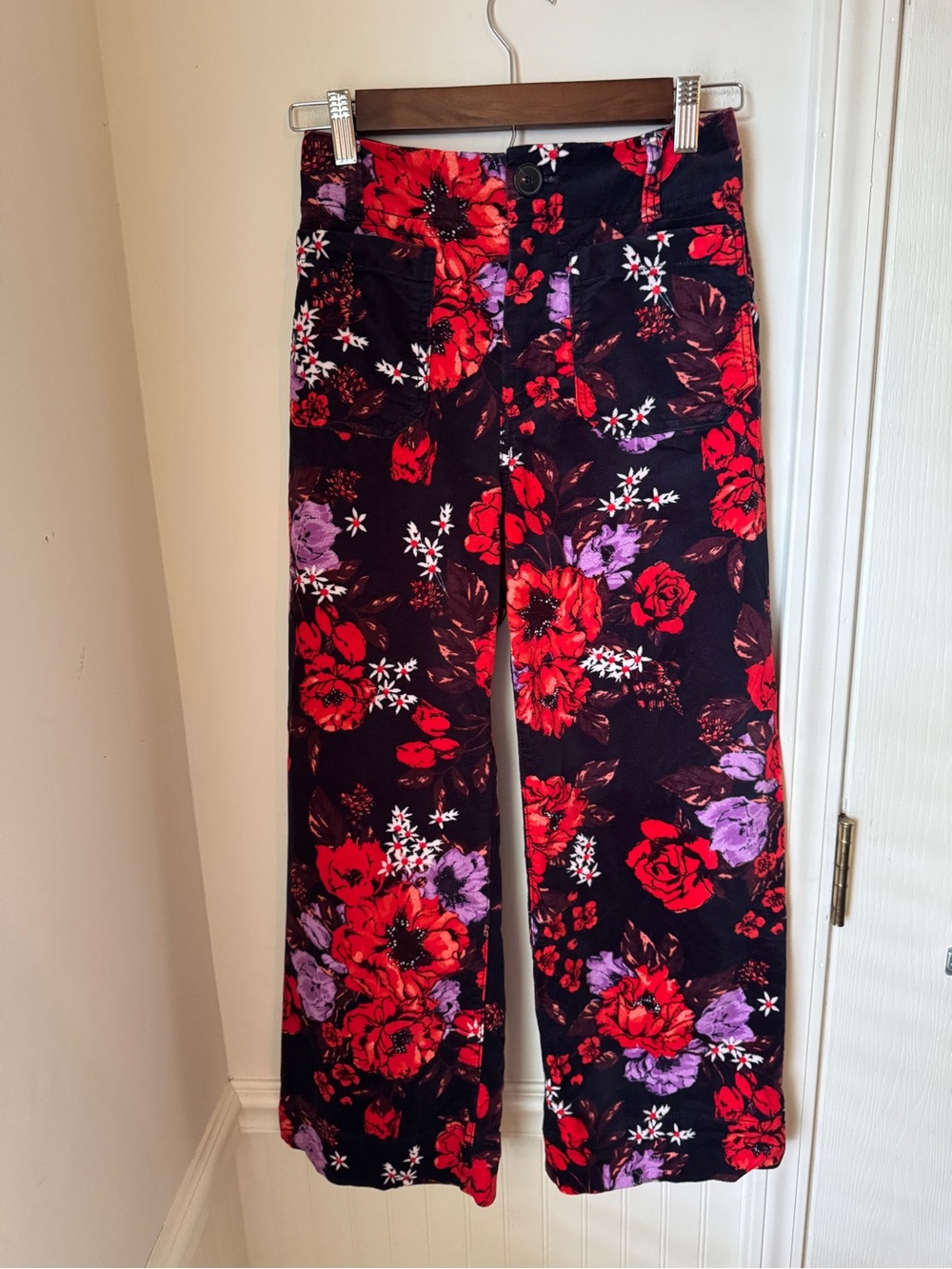 Maeve Anthropologie The Colette Floral Corduroy Wide Leg Pants Red Purple 24
